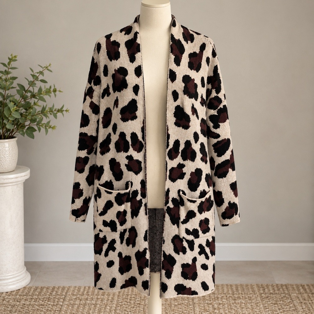 FATE Cardigan Leopard Print Hooded Open Front Animal Knit Beige Brown Black Sz S